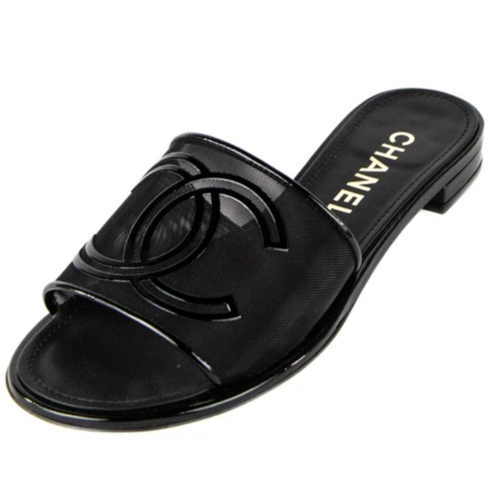 Chanel Mesh Patent Calfskin CC Mules 37.5 Black